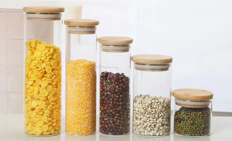 2pcs Wood Lid Glass Airtight Canister Kitchen Storage Bottles Jars Food Container Grains Tea Coffee Beans Grains Candy Jars 3
