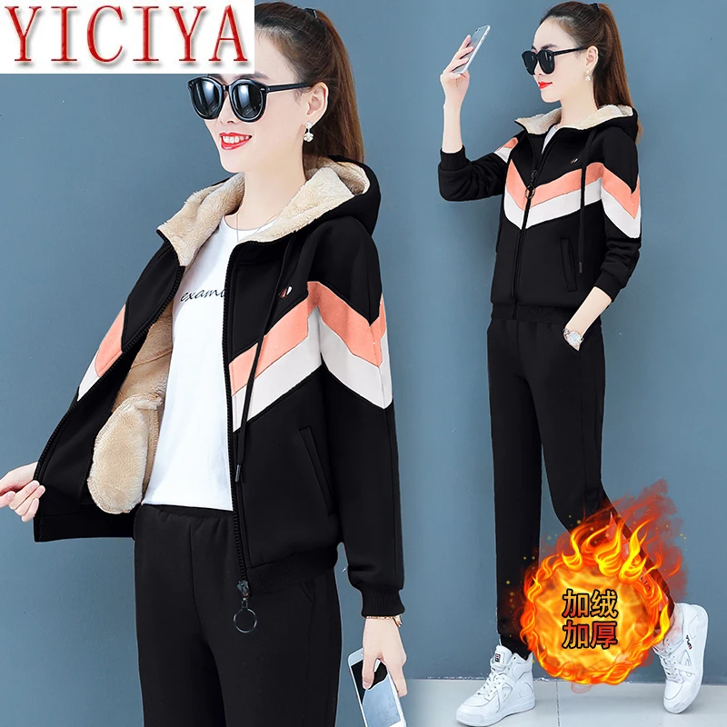 

Black Cashmere Thick Warm 2 Piece Set Tracksuit For Women Outfits Hoodies Pant Suits Plus Size Large Sportsuits Winter Matching