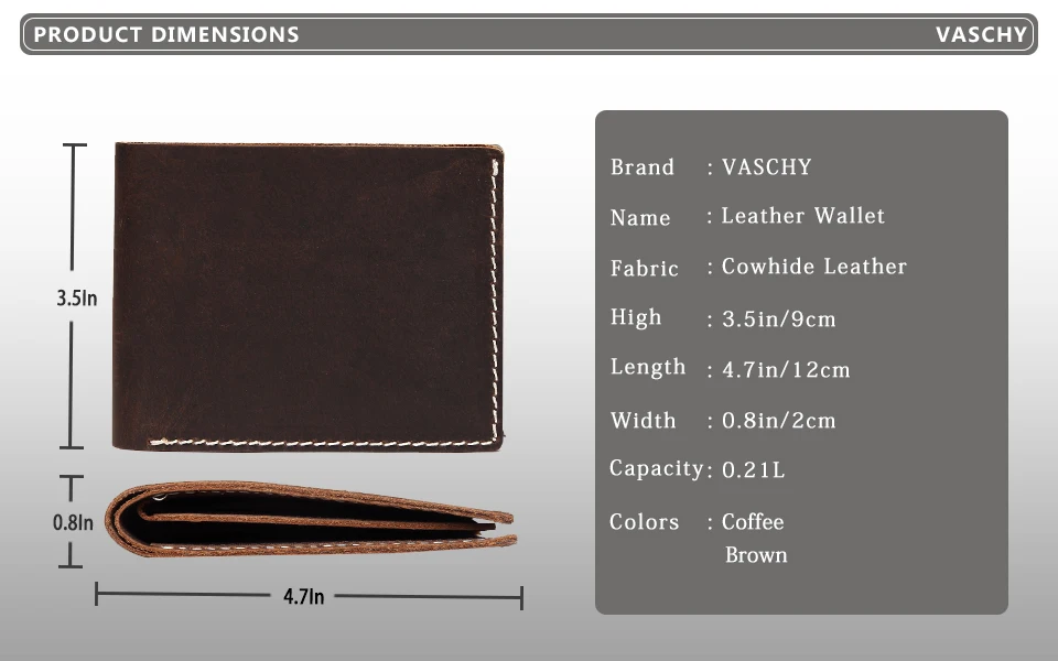 VASCHY кожаный бумажник для мужчин, винтажный двойной кошелек, тонкий с 6 отделениями для карт, кошелек из воловьей кожи для кредитных карт
