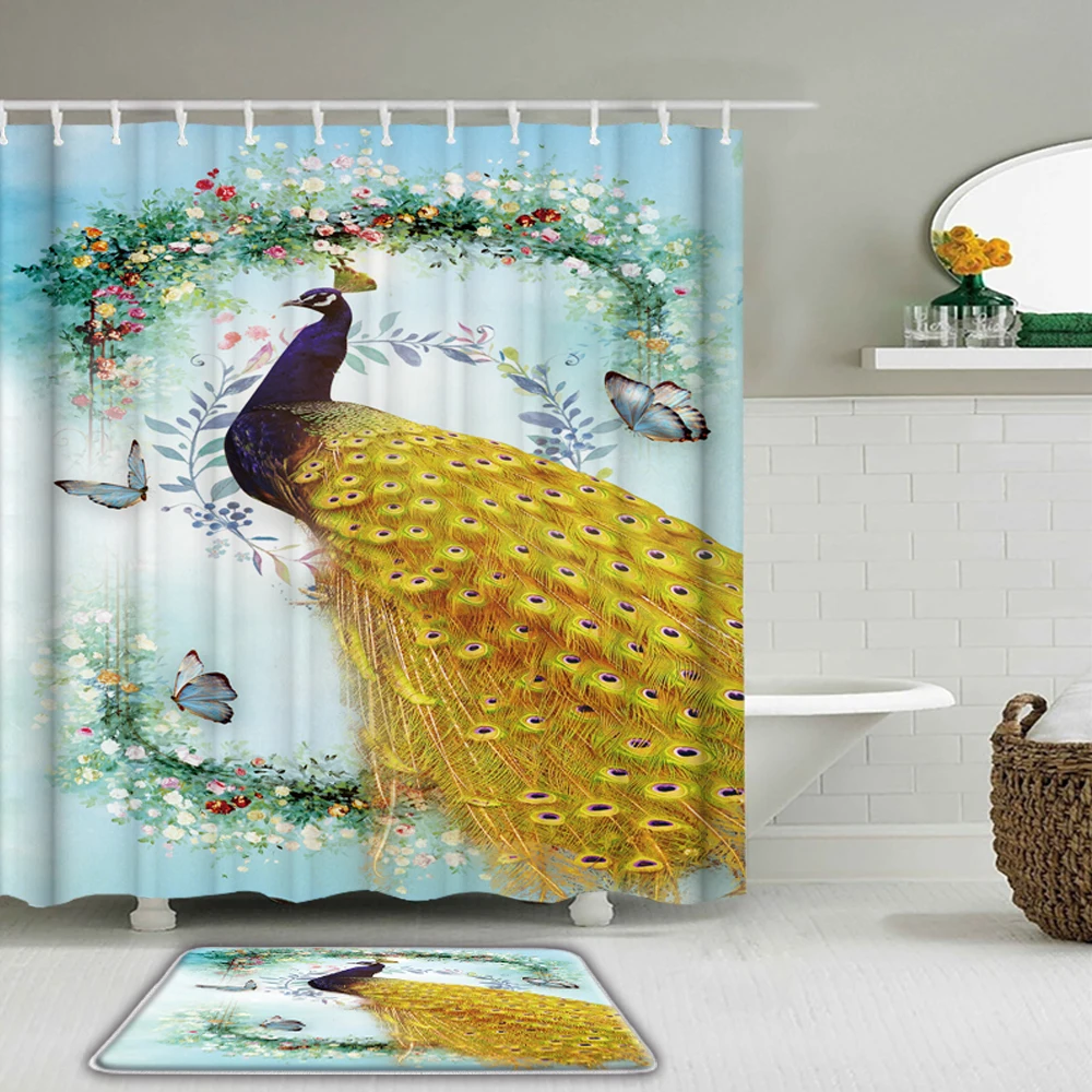 

Peacocks 3D Printed Fabric Shower Curtains Flower Birds Waterproof Bathroom Curtain Set With Non-Slip Rug Toilet Bath Mat Carpet