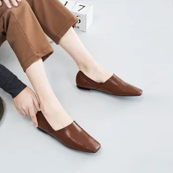 

MLJUESE 2020 women flats autumn spring soft sheepskin square toe brown color ballet flats shoes party dress wedding size 42