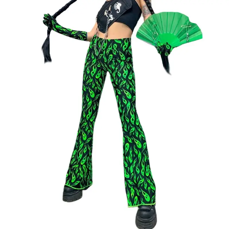 

Womens Gothic Punk Fire Flame Printed Skinny Flare Bell Bottom Pants Mid Rise Casual Summer Streetwear Trousers Party Clubwear