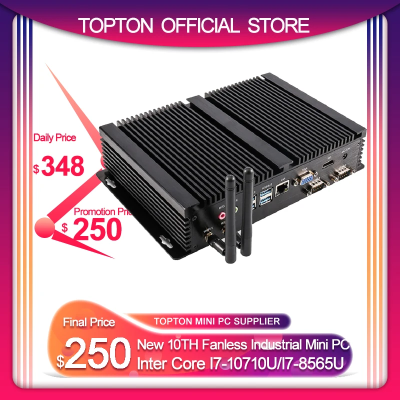 Промышленный безвентиляторный ПК Topton прочный мини-компьютер Intel i7 10510U i5 8265U 2 * DDR4