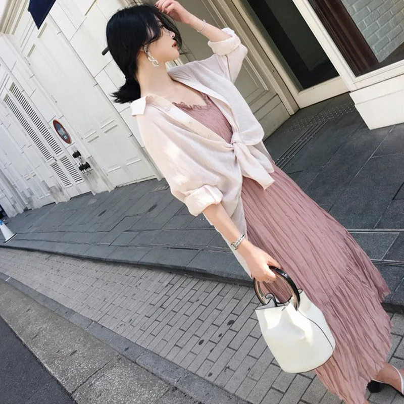 

Two-Piece Set over-the-Knee Long Skirts 2019 Spring New Style Pleated Strapped Dress Women's Waist Hugging Slimming Skirt Pink F