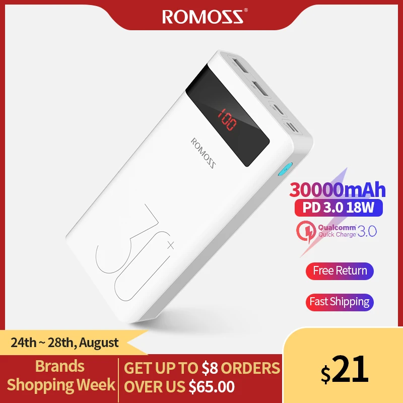  ROMOSS 30000 мАч Power Bank PD Quick Charge Powerbank PD 3,0 Быстрая зарядка портативная Внешняя батарея Chargerfor iPhone для Xiaomi 