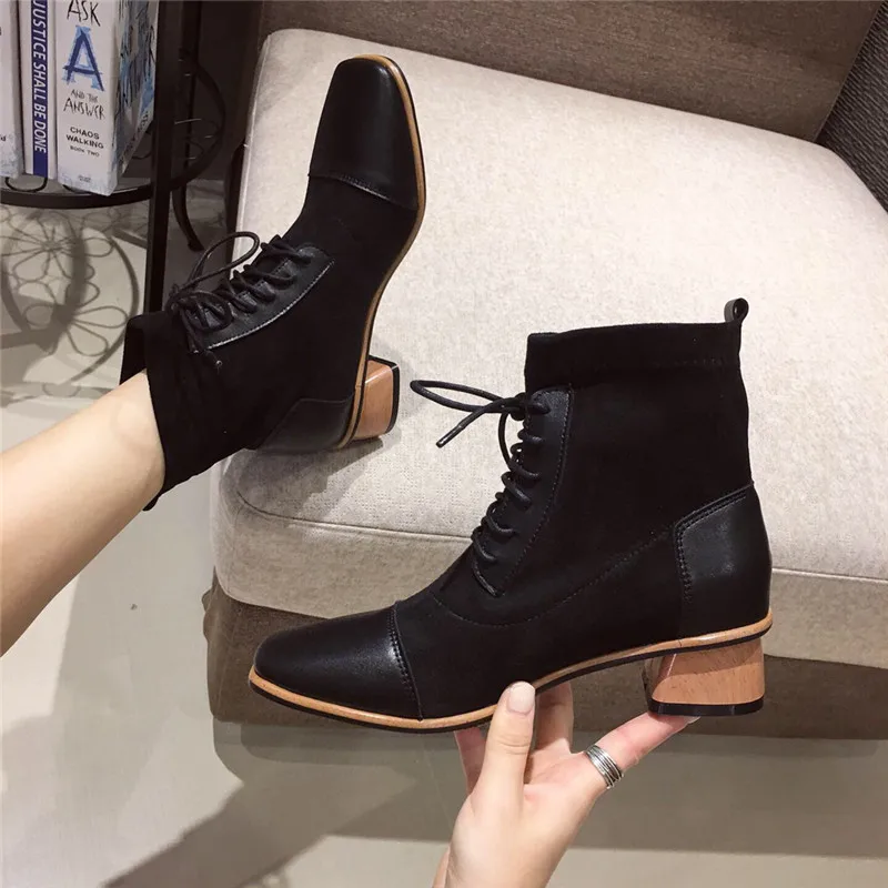 Botas mujer invierno; коллекция года; обувь на низком каблуке с квадратным носком; Zapatos De Mujer; Кожаные Ботинки martin с вышивкой; женская обувь на шнуровке
