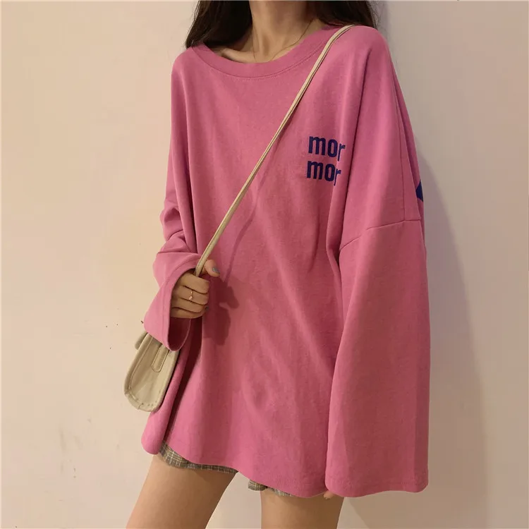 Ulzzang Топы mujer осень vogue корейский стиль одежда уличная панк с буквенным принтом Большие размеры с длинным рукавом Повседневная футболка женская