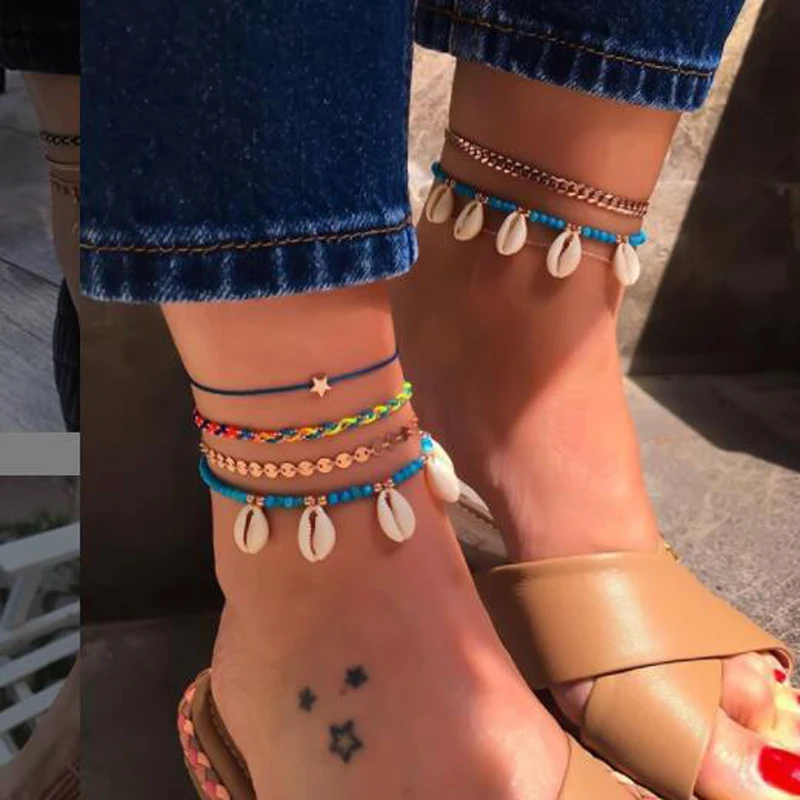 

Tocona Luxury Gold Color Sequin Multi Layer Anklet Set Beach Star Shell pendant Blue Bead Boho Ethnic Anklets 8621