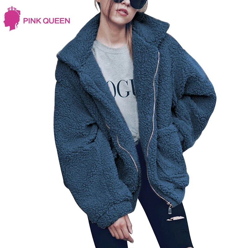 

Winter Thick Fluffy Short Coat Women Long Sleeve Lapel Zip Up Pockets Oversized Jacket Faux Shearling Loose Warm Outwear