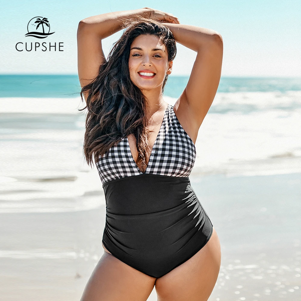 Cupshe Plus Size Vneck Gingham One Piece Swimsuit Women Large Size