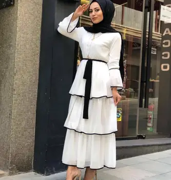 

Fashion Black White Hit Color Maxi Muslim Dress Women O Neck Flare Long Sleeve Mulitlayer Cake Dress a1376