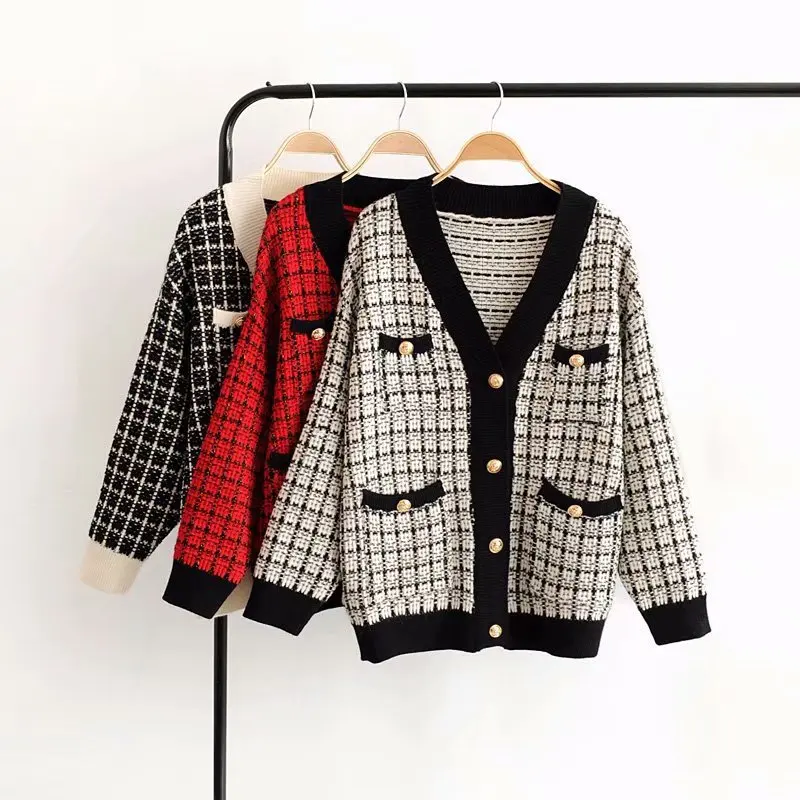 

Women Clothes 2019 Autumn and Winter Clothes Women V-neck Bright Silk Lattice Cardigan Women Sweater Women Casaco Feminino