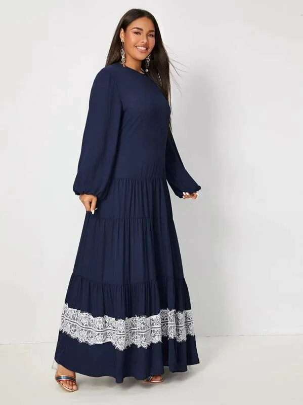 Женское мусульманское Макси платье больших размеров abaya jilbabb, Осень-зима, длинное кружевное платье с длинным рукавом в стиле пэчворк, повседневное длинное платье-кафтан