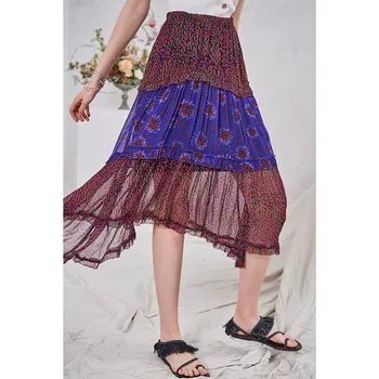 

Spring Summer New Ethnic Style Patchwork Floral Print Skirt Women Vintage Mid Calf Skirt
