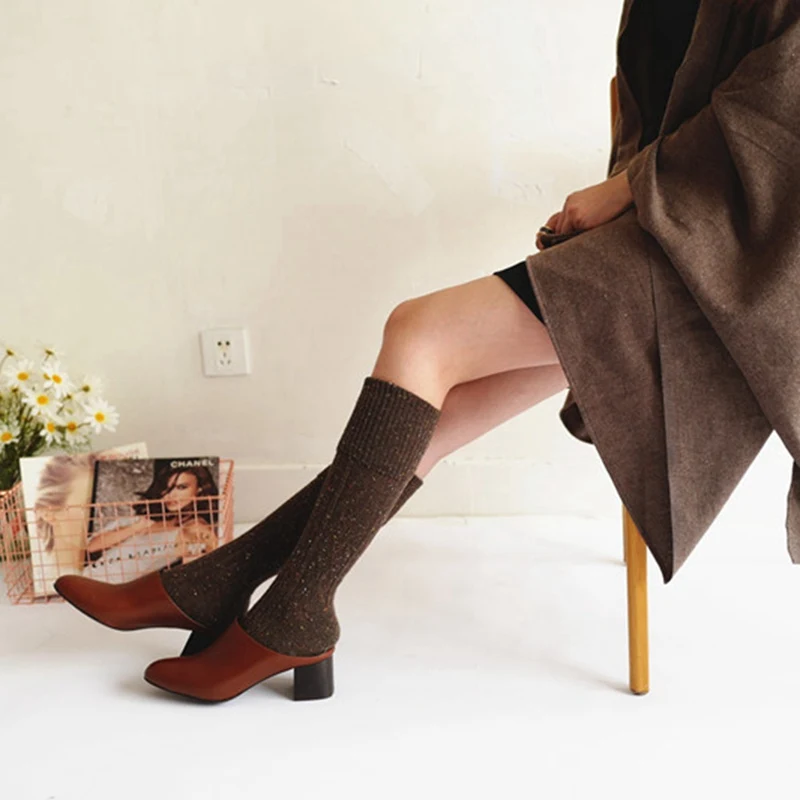 1 пара, модные теплые высокие гетры Для женщин подвернутые ребра точка полушерстяные однотонные длинные сапоги выше колена Зимние Сапоги выше колена, носки для обуви