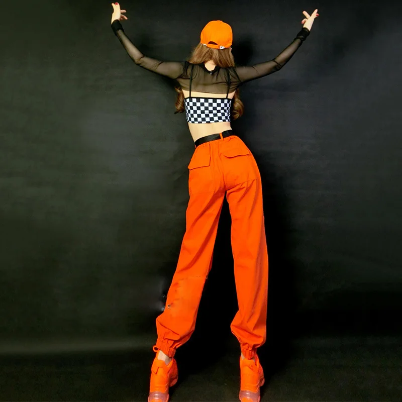 Hip Hop Costumes Adults Orange Pants Plaid Vest Street Dance Clothes Modern Stage Outfits Ladies Jazz Performance Wear DNV12425