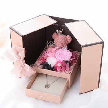 

Artificial Preserved Rose Teddy Bear Double Door Luxury Gift Box Jewelry Necklace Gift Box Christmas Valentine's Day Gift