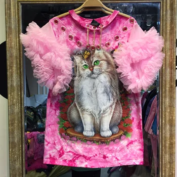 

Pink Cat Tshirts Metal Ring Fashion Tops Ladies Clothes Womens Chians Tshirts Vintage Female Tee Shirt Mesh Puff Sleeve SA431S30