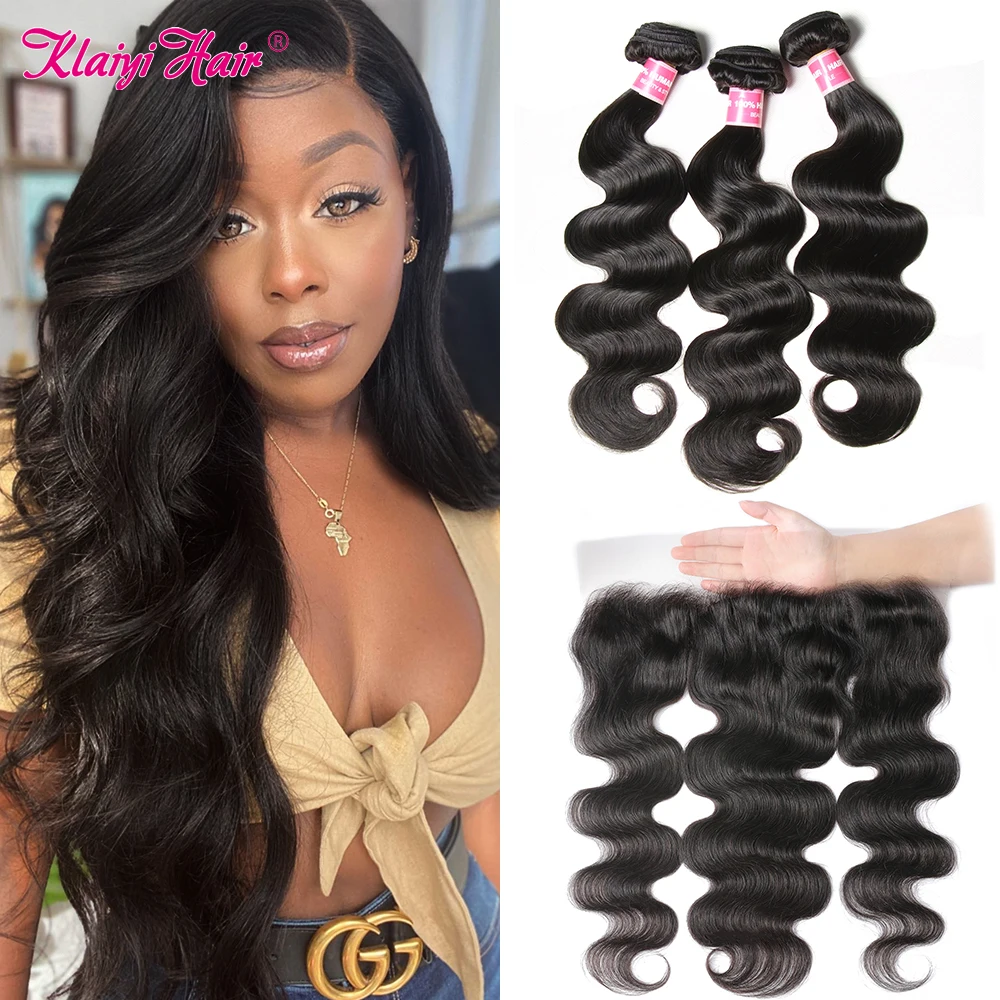 Klaiyi Body Wave Bundles With Silk Base Frontal Brazilian Remy Human Hair Extension 3 Bundles With Closure 13X4 Lace Front
