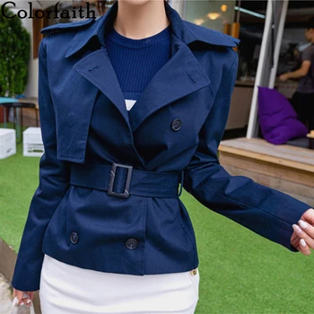 

Colorfaith New 2019 Women's Jackets Fall Winter Ruffles Sashes Windbreaker Outerwear England Style Ladies Solid Short JK9277