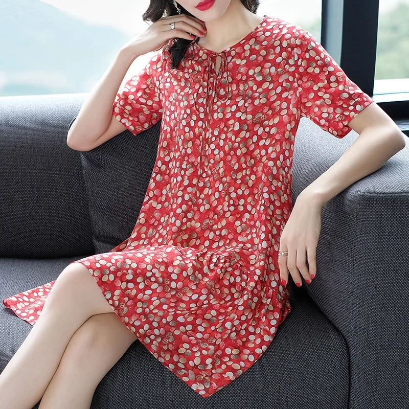 Шелковое платье с принтом больших размеров-это новое летнее женское платье, свободное шелковое платье с короткими рукавами