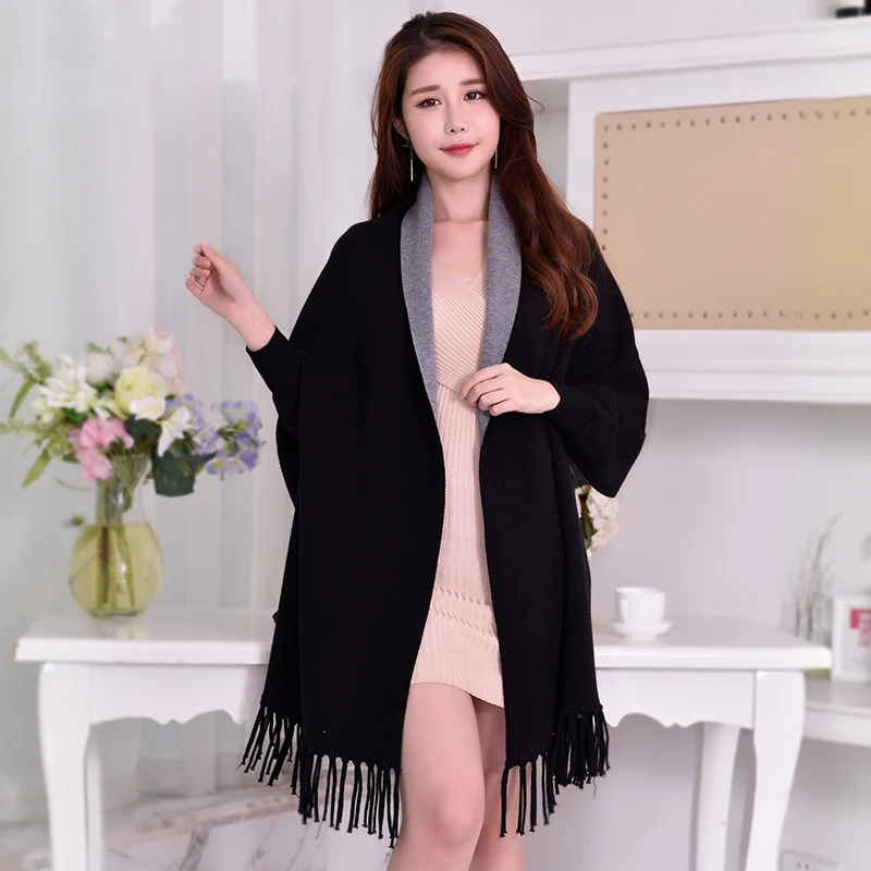 2021 Winter Reversible Black Sleeve Thick Poncho Women Warm Stole Thicken Pashmina Shawls and Wraps Tassel Wearable Poncho Capes
