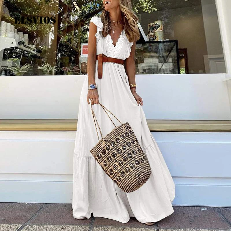 

Женское элегантное платье макси с оборками, привлекательное кружевное лоскутное платье без рукавов с V-образным вырезом, новинка весны 2022, повседневные однотонные женские платья