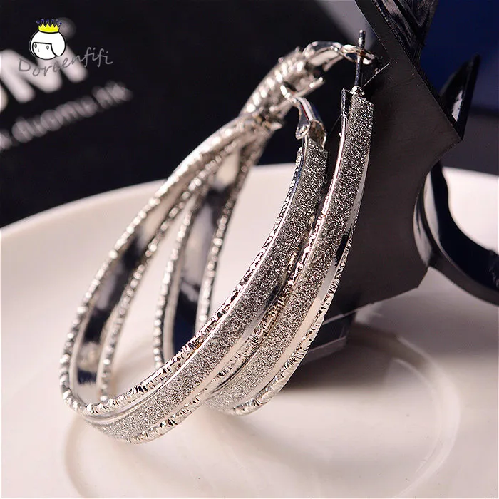New Charms Fashion Hot Sale 3 rows Silver Gold color Frosted Big Hoop Earrings for Womens Wedding Bridal Female Party Jewelry | Украшения и