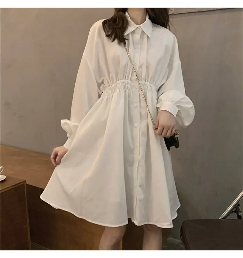 Dress Women Korean Elastic Waist Design Vintage Black Simple Summer Womens Vestidos Lantern Sleeve Trendy Preppy Girls Dresses mini dress