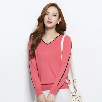 

Cashmere Sweater Women Patchwork Long Sleeve V-neck Knitted Autumn&spring Knitting Pullovers Soft Pink Base Sweater Ladies Tops