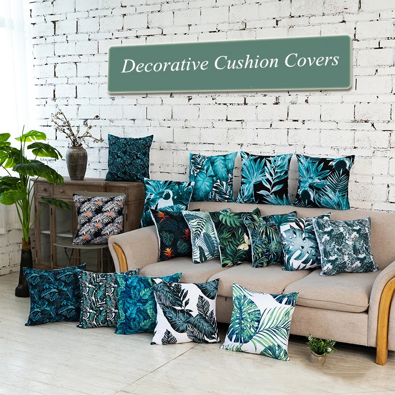 Hand Painted Tropical Leaves Cushion Cover Polyester Square Pillows