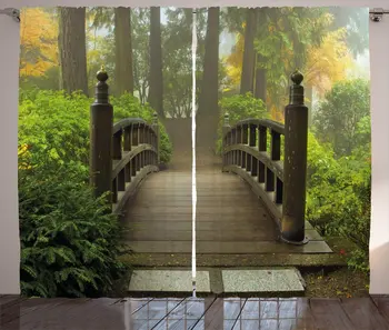

Multicolor Outdoor Curtains Wooden Bridge Landscape Image at Portland Japanese Garden Autumn Season Living Room Window Drapes