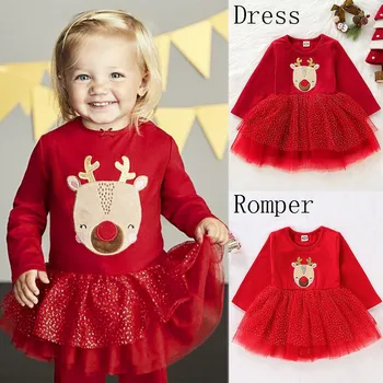 

Infant Baby Girls Clothes Long Sleeve Christmas Deer Dress Tulle Romper 2019 New Christmas gift