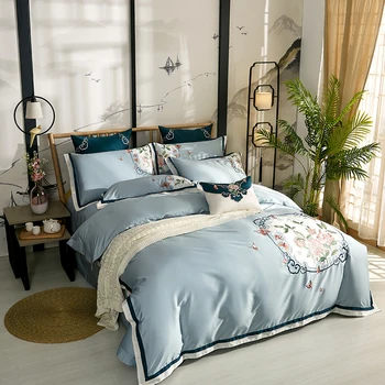 

80S New Chinese Style Luxury 4/6pcs Flowers Embroidery Egyptian Cotton Bedding Set Duvet Cover Bed sheet Pillowcases