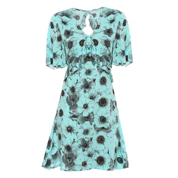 

Summer Women V-Neck Bohemian Dress 2020 Spring Mid-length European Sexy Backless Printed Dress Lady Short Sleeve Floral Sundress