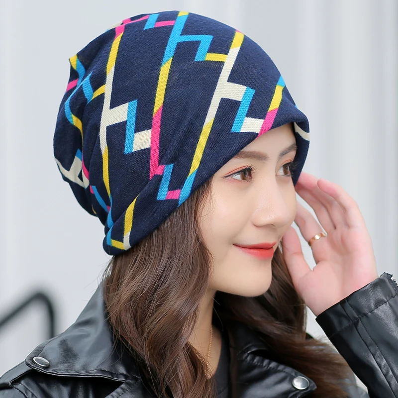 

Women's Beanie Stylish Stretchy Turban Head Cap Female Winter Hats Scarf Autumn Polyester Stripe Hat Girls Slouchy Gorros