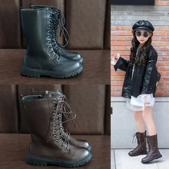 

2019 winter girls faux leather shoes black warm teenage girls boots kids children