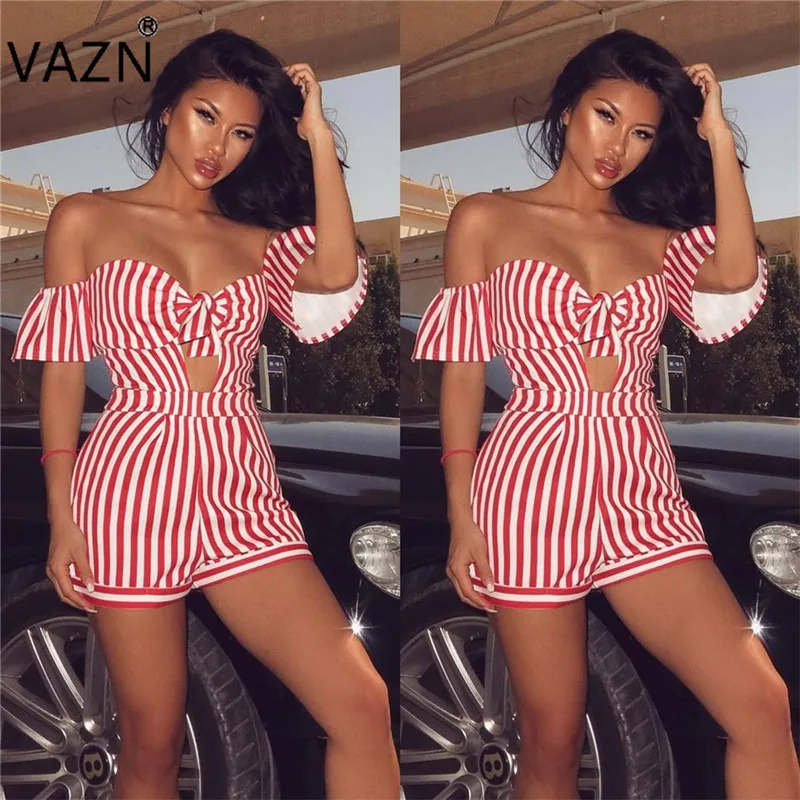 VAZN женские модные элегантные стильные женские костюмы полосатые с коротким рукавом без бретелек выдалбливают красочный прямой Детский комбинезон Q5020