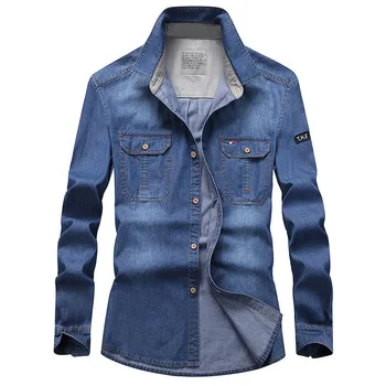 

Spring Autumn Denim Shirts Men Plus Size 4XL XXXXL Long Sleeves Button Down Cotton Jeans Shirts Mens Work Dress Shirt Casual