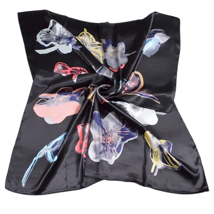 [BYSIFA]Women Men Black Silk Scarf Shawl New Design Spring Autumn Accessories Ladies Genius Flowers Satin Scarves Wraps 90x90cm 2