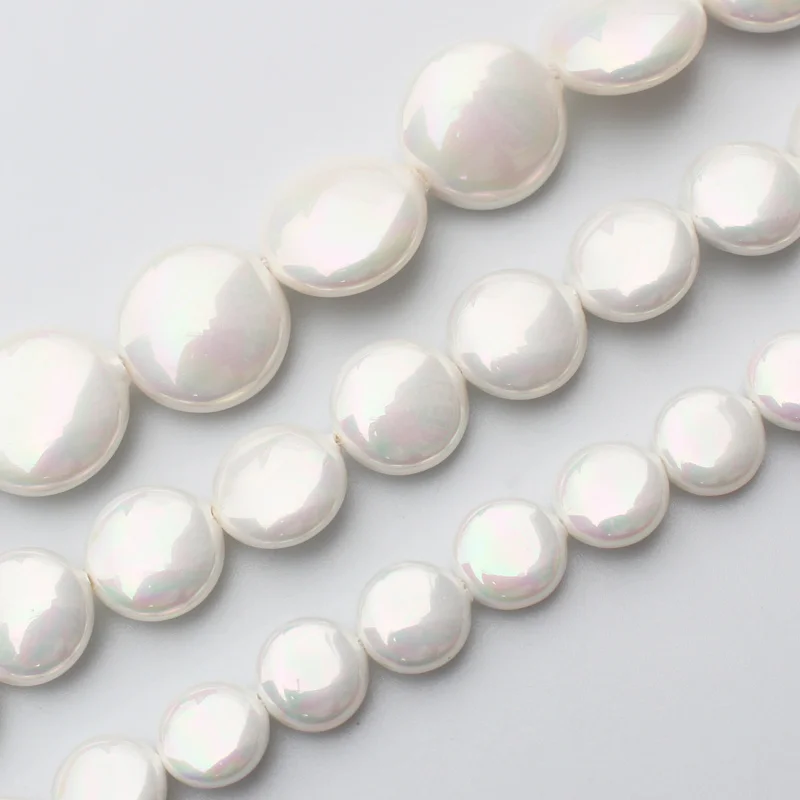 

10-16mm White Shell pearl Flat coin shape Beads 15", For DIY Jewelry Making, pendant,necklace