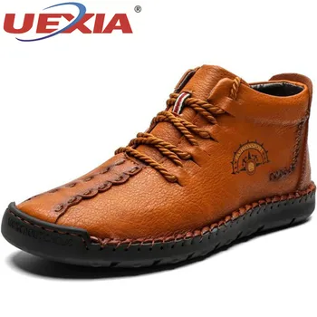 

UEXIA New Outdoor Warm Mens Boots Working Tactical Split Leather Ankle Plush Snow Walking Lace-up Winter Shoes Plus Size 38-48