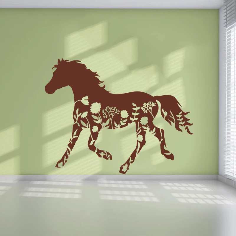 Cartoon Large Floral Horse  Animal Wall Sticker Kids Room Bedroom Flower Horse Rustic Farmhouse Animal Jungle Wall Decal Vinyl  (2)