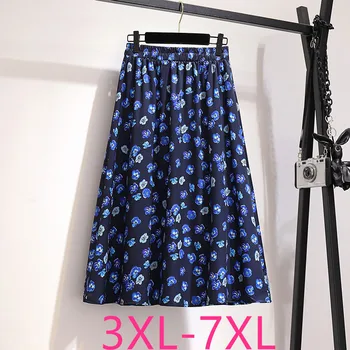 

2020 summer plus size skirt for women large casual loose elastic waist floral flower pleated long skirts blue 4XL 5XL 6XL 7XL
