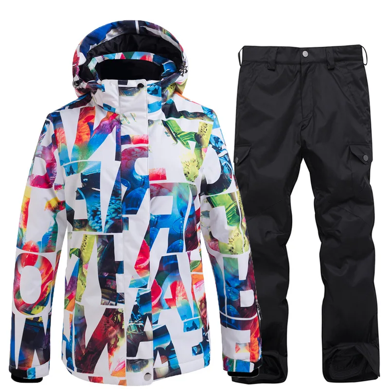 Женские зимние лыжные костюмы, водонепроницаемая Корейская плотная куртка с принтом, одноцветные лыжные штаны, комплект для сноуборда, двойная пластина, хлопковое Стеганое пальто для катания на лыжах - Цвет: suit