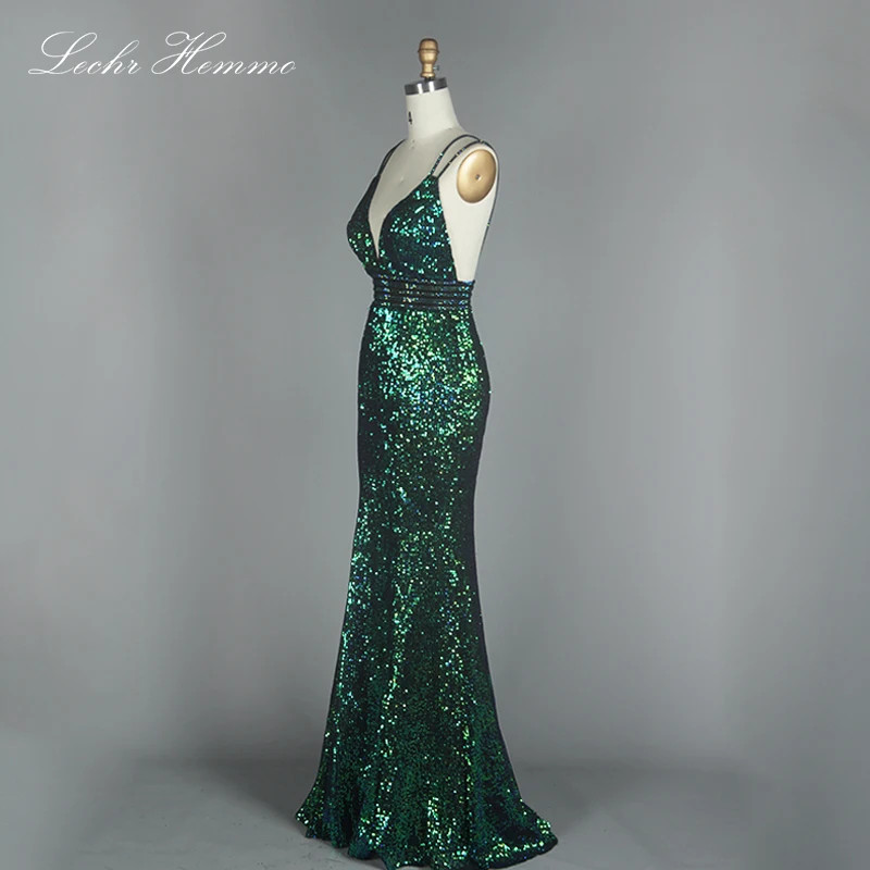 

2019 Fashion Summer Deep V-Neck Thickening Sequins Long Evening Dress Stretch Backless Green Dress Long Party Ball Evening Dress