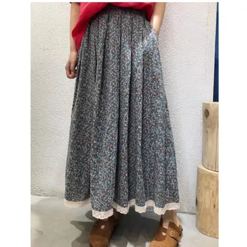

Vintage ultra long little flowers print rustic lace edge patchwork cotton skirt saia 2020 autumn