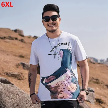 

Summer tide brand large size men's white color matching funny printing T-shirt plus size beautiful fat short sleeve oversized