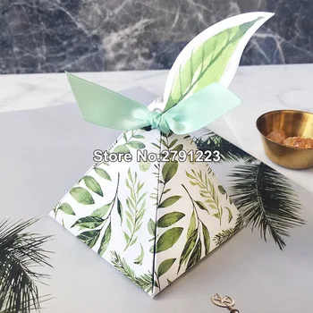 

Wedding Favors birthday gift box Green forest Style Triangular Pyramid flower leaves Candy Boxes leaf tags+ribbon