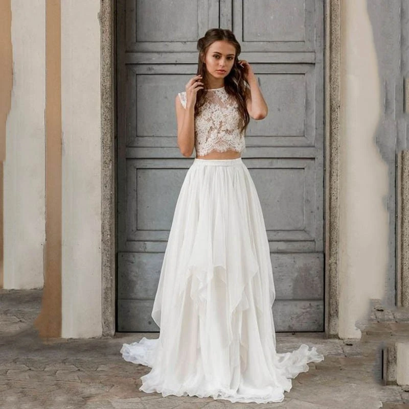 Vestido de novia bohemio de 2 piezas, sin mangas, Sexy, de encaje, para playa, elegante, de gasa, novedad|Vestidos novia| - AliExpress